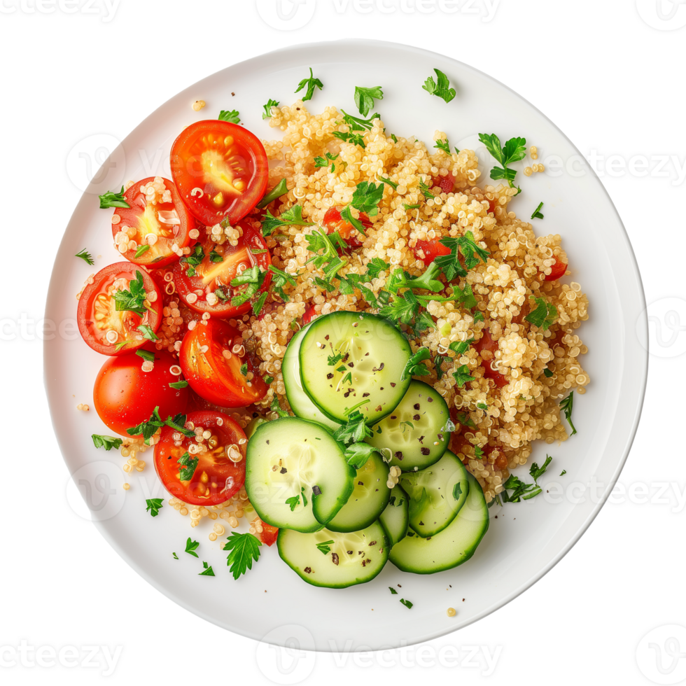 AI generated A plate of quinoa salad with sliced cucumber and cherry tomatoes top view isolated on a transparent background png