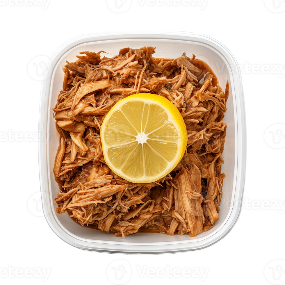 AI generated A container of jackfruit pulled pork substitute with a slice of lemon top view isolated on a transparent background png