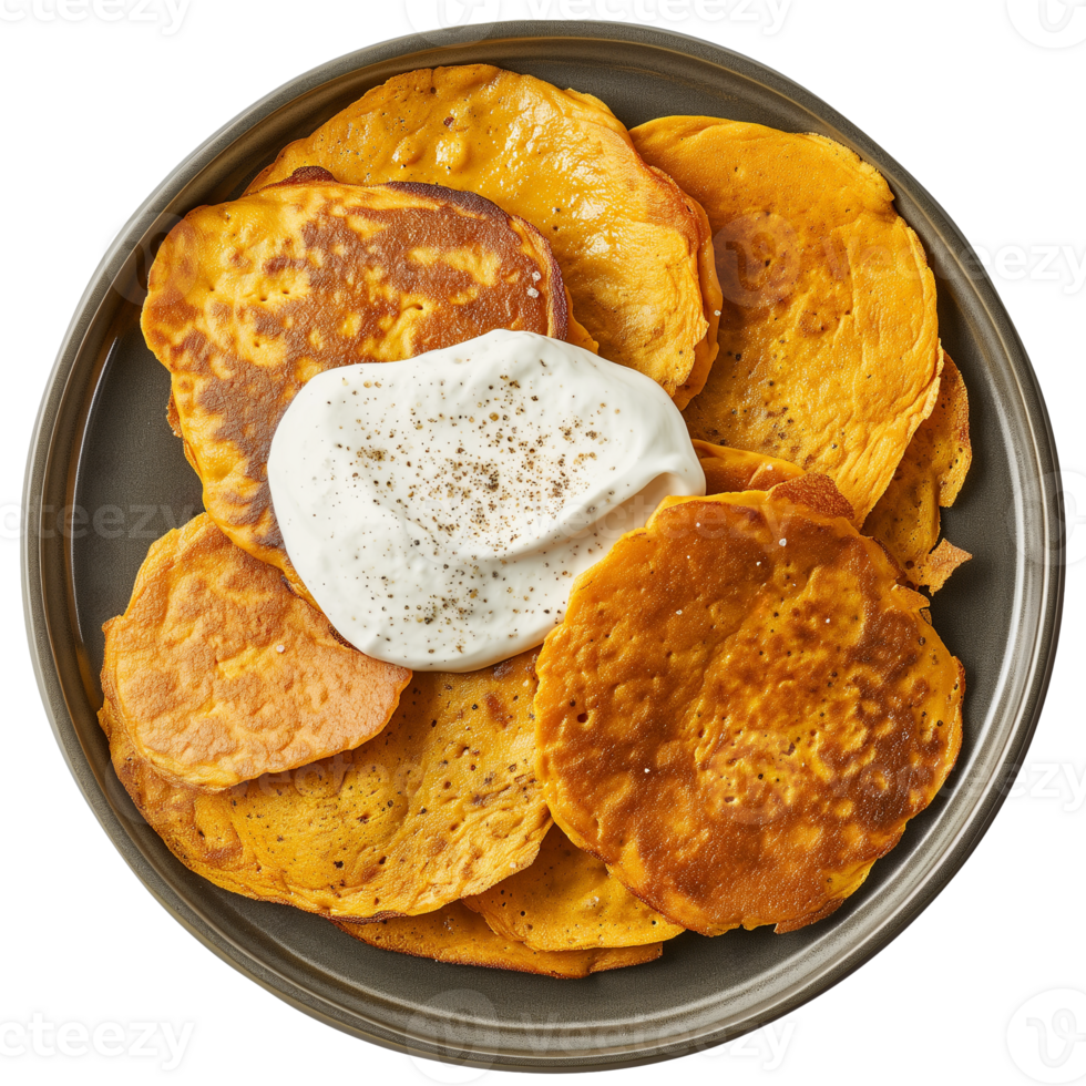 AI generated A plate of chickpea pancake with a dollop of cashew sour cream top view isolated on a transparent background png