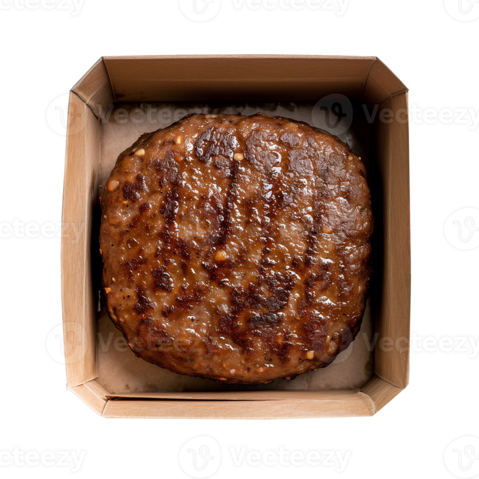 ai generiert ein Box von Pflanze basierend Fleisch Alternative Burger Pastetchen oben Aussicht isoliert auf ein transparent Hintergrund png