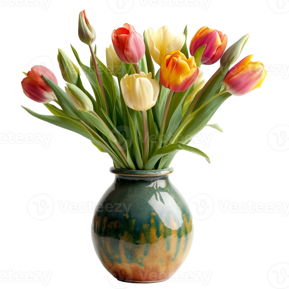 AI generated A ceramic vase with fresh tulips isolated on a transparent background png