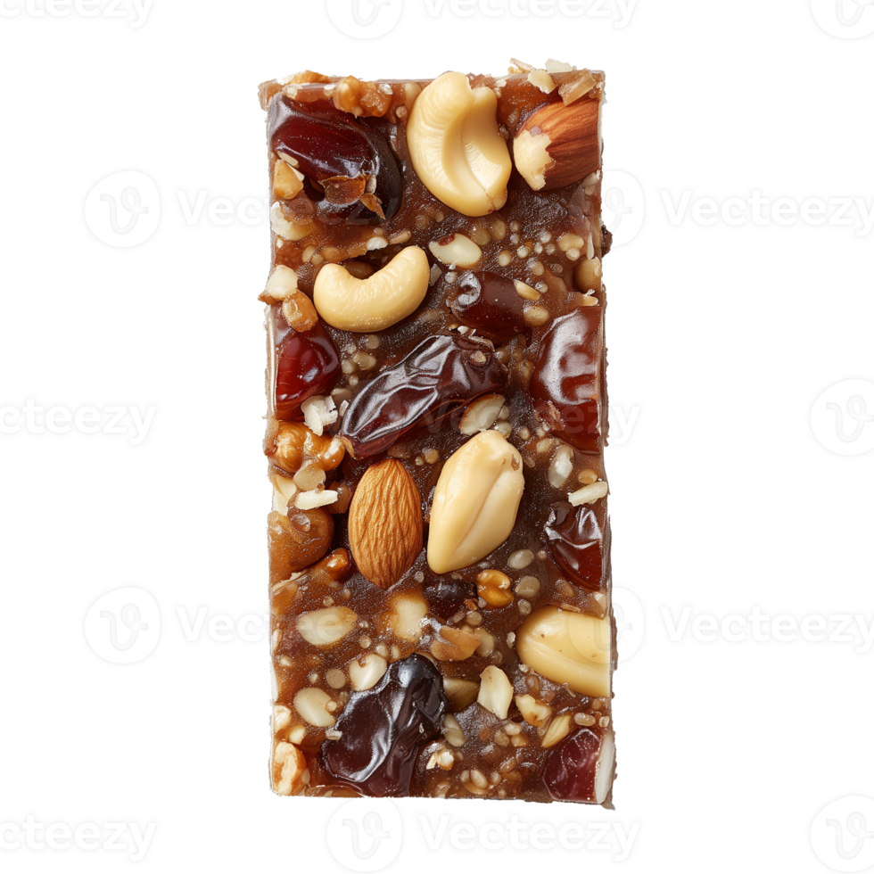 AI generated A slice of raw energy bar with nuts and dates top view isolated on a transparent background png