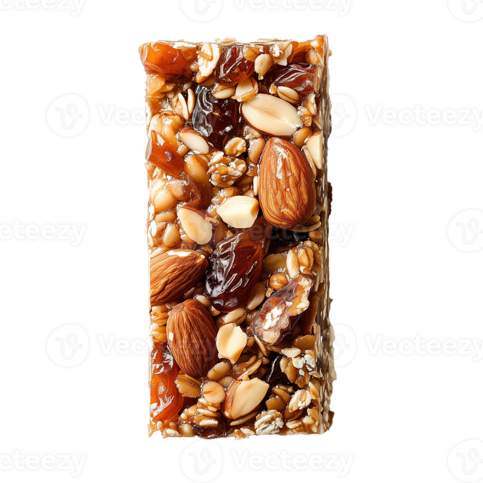 AI generated A slice of raw energy bar with nuts and dates top view isolated on a transparent background png