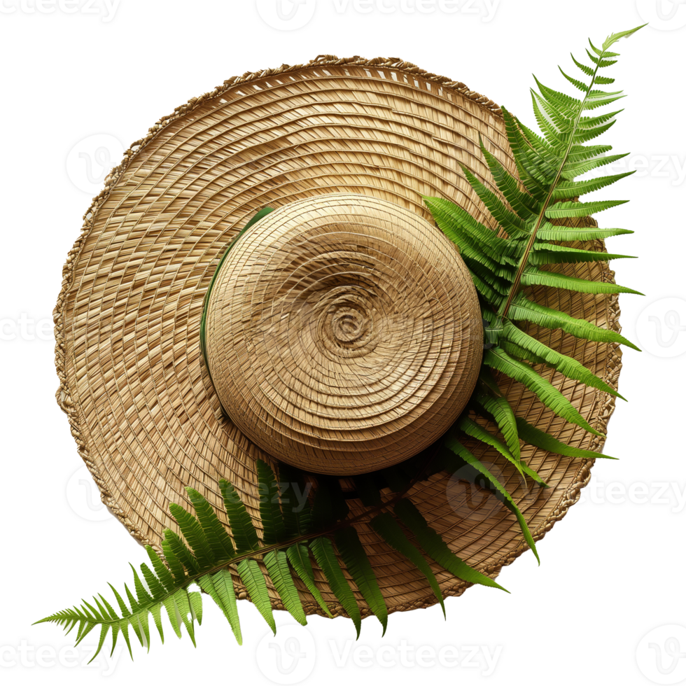 AI generated A streamlined bamboo sun hat with a feather of young fern isolated on a transparent background png