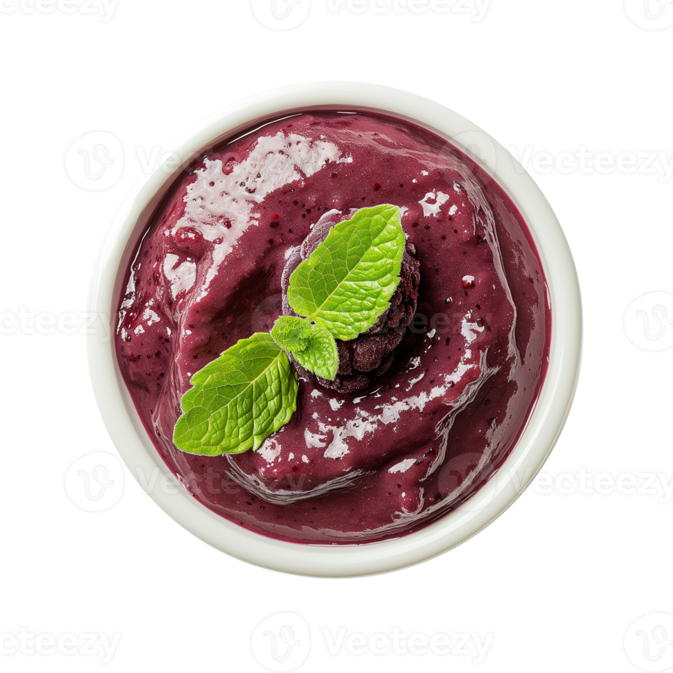 AI generated A bowl of acai berry smoothie garnished with a mint leaf top view isolated on a transparent background png