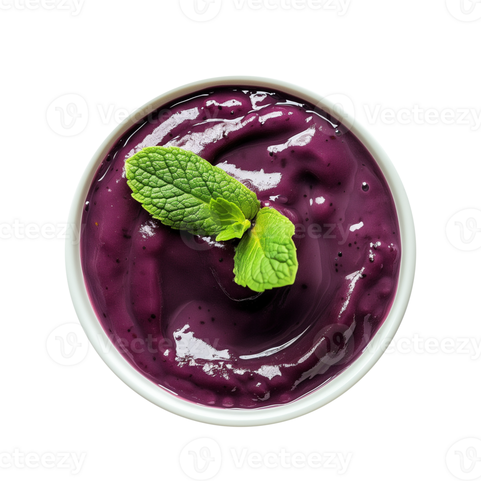 ai gegenereerd een kom van acai BES smoothie gegarneerd met een munt blad top visie geïsoleerd Aan een transparant achtergrond png