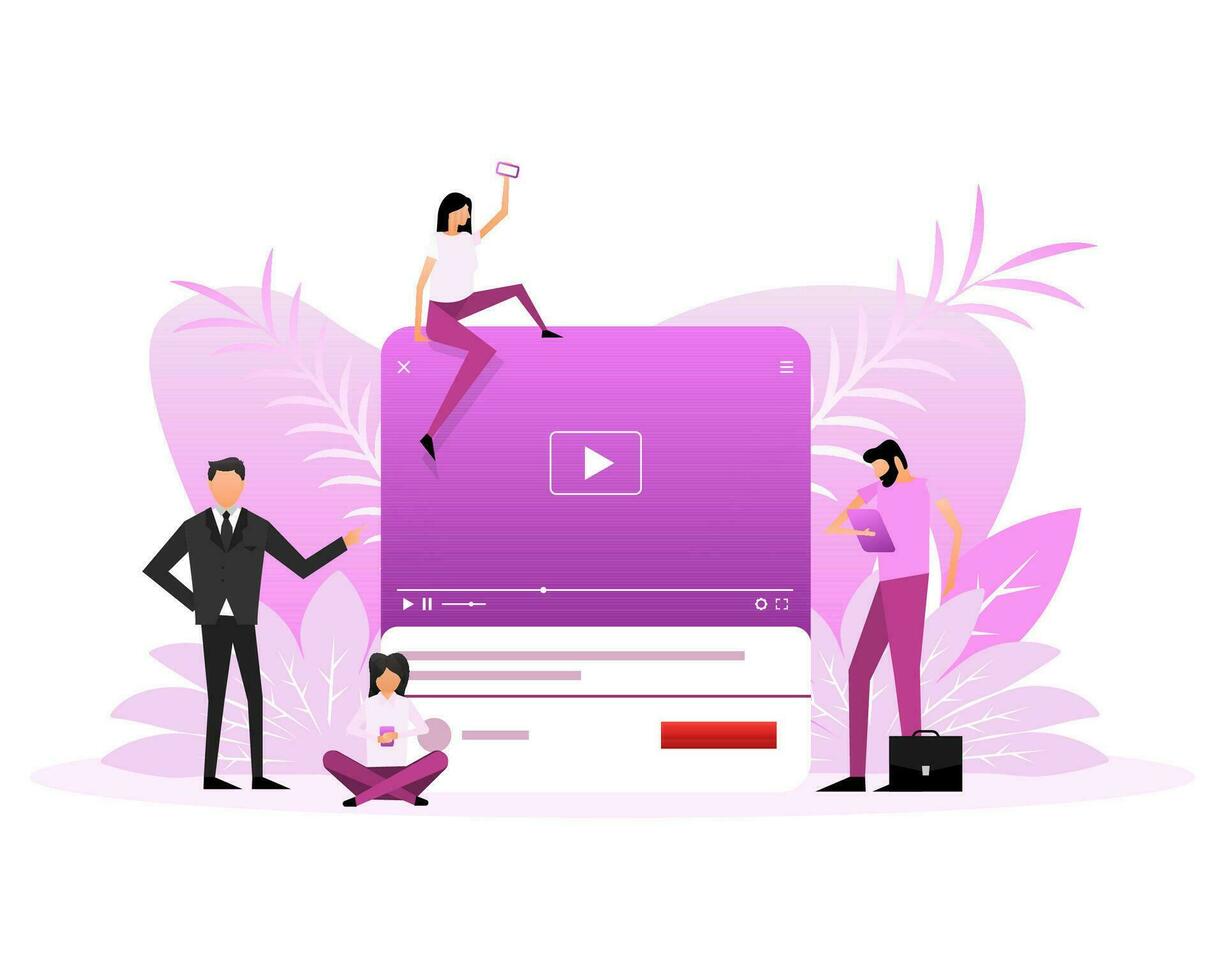 Video play people. Cartoon vector illustration. Social media flat icon