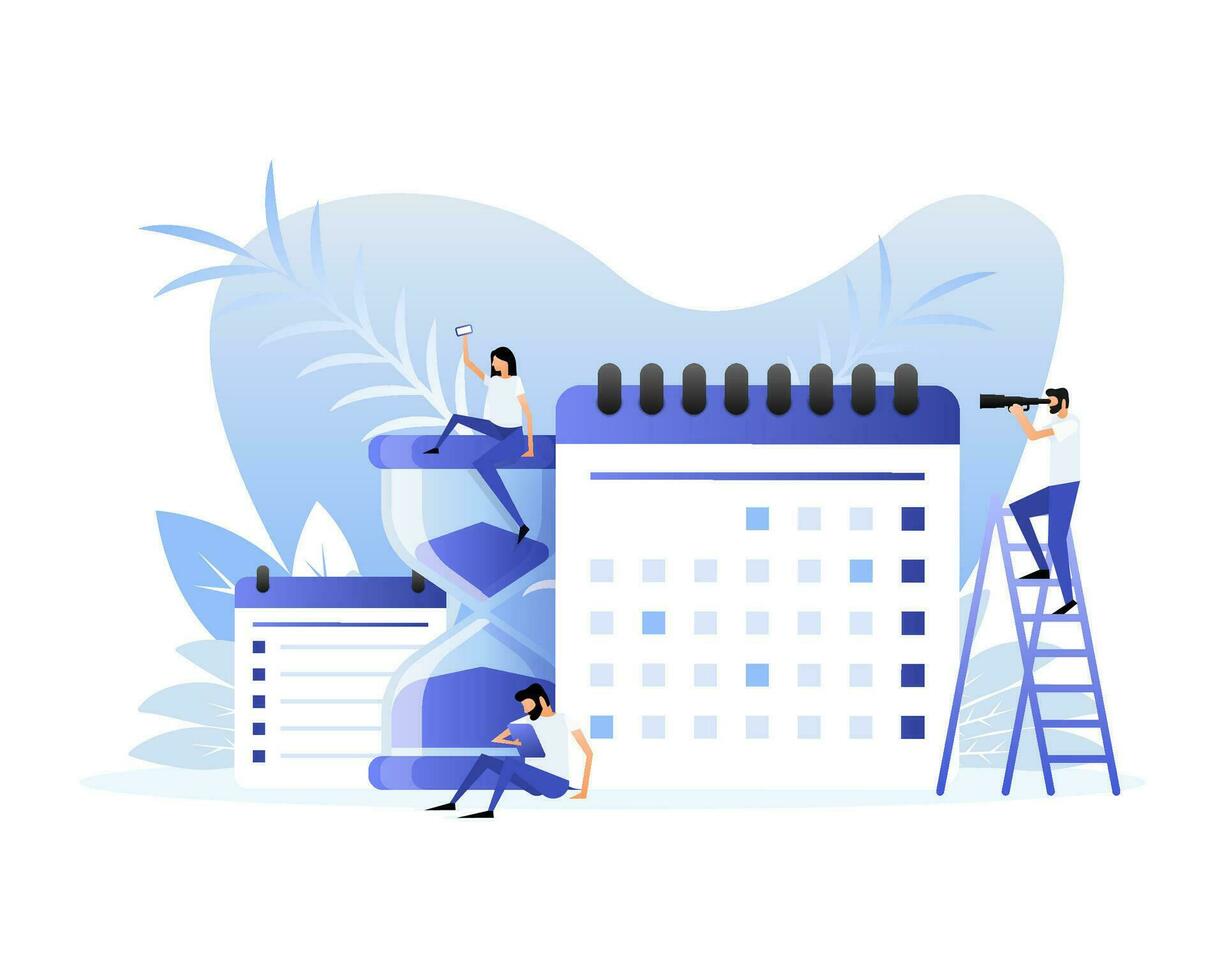 Meeting appointment time. Calendar icon and people. Cartoon people vector illustration
