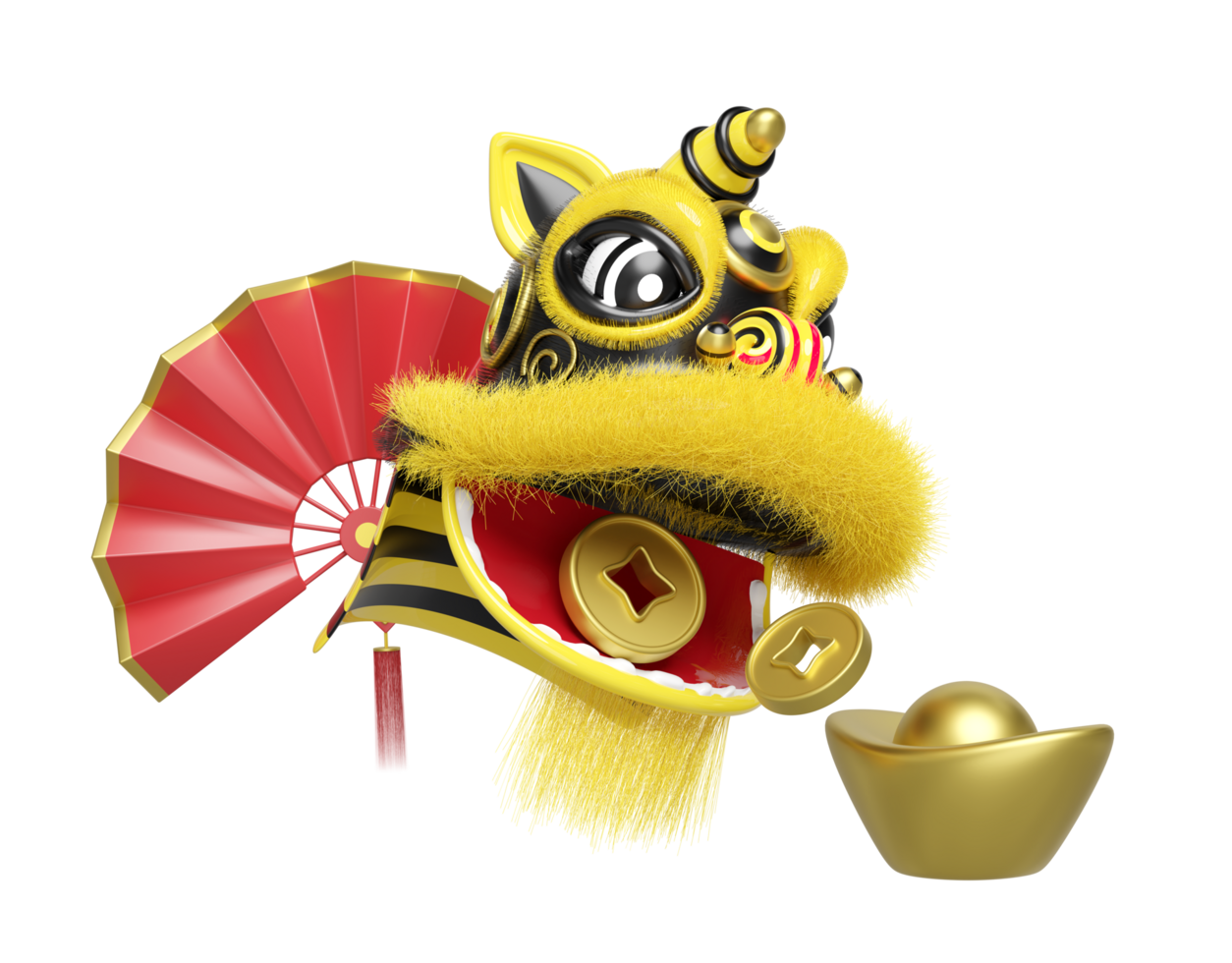 3d yellow lion dance head with fan chinese gold ingot, coin for festive chinese new year holiday. 3d render illustration png