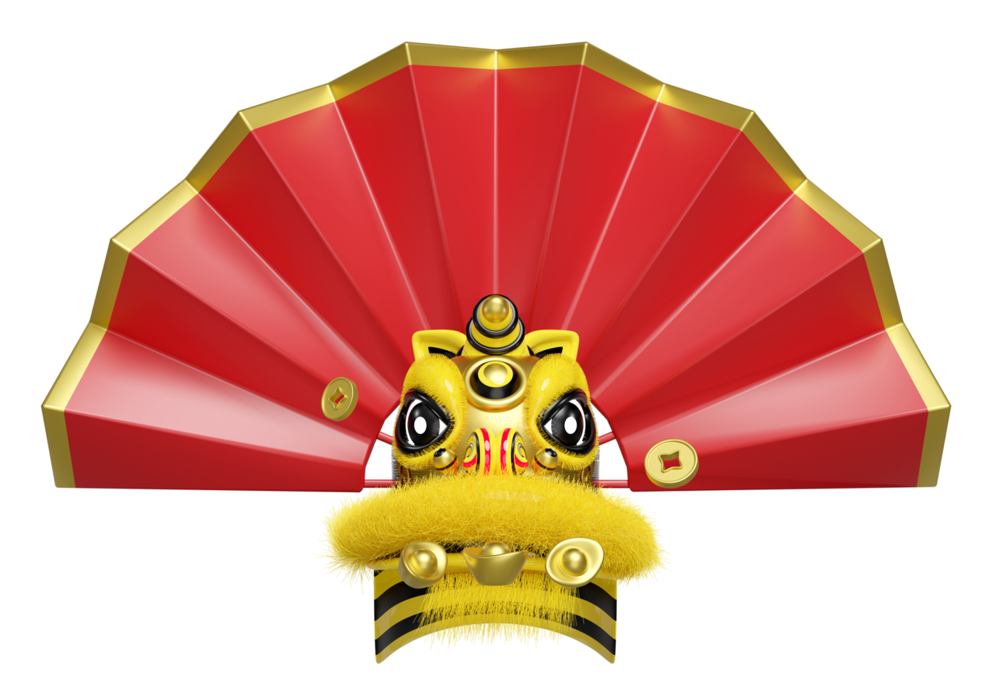 3d fan with yellow lion dance head  chinese gold ingot, coin for festive chinese new year holiday. 3d render illustration png