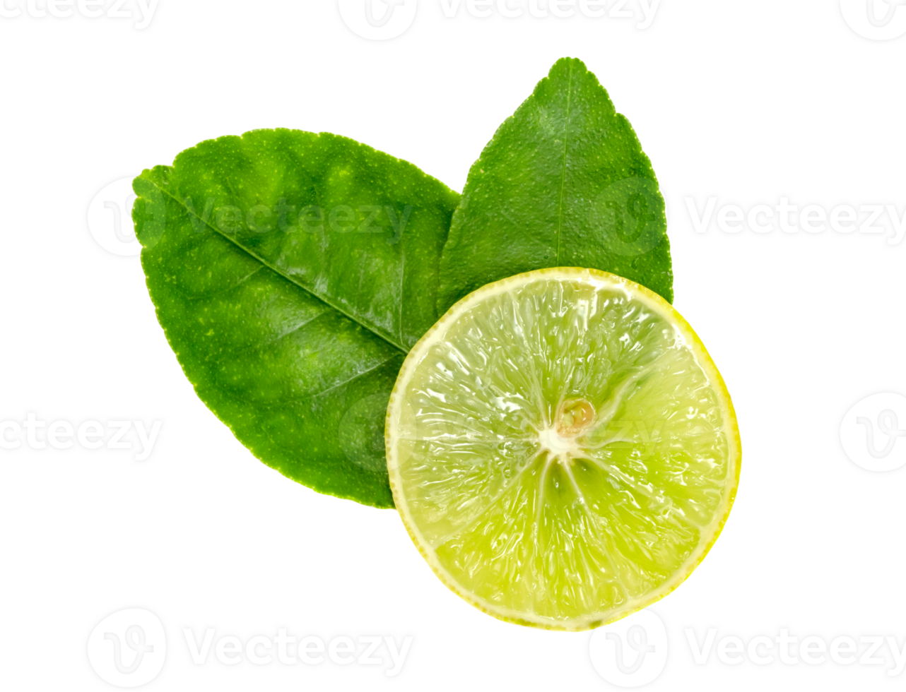 Yellow lemon slice and leaves isolated png