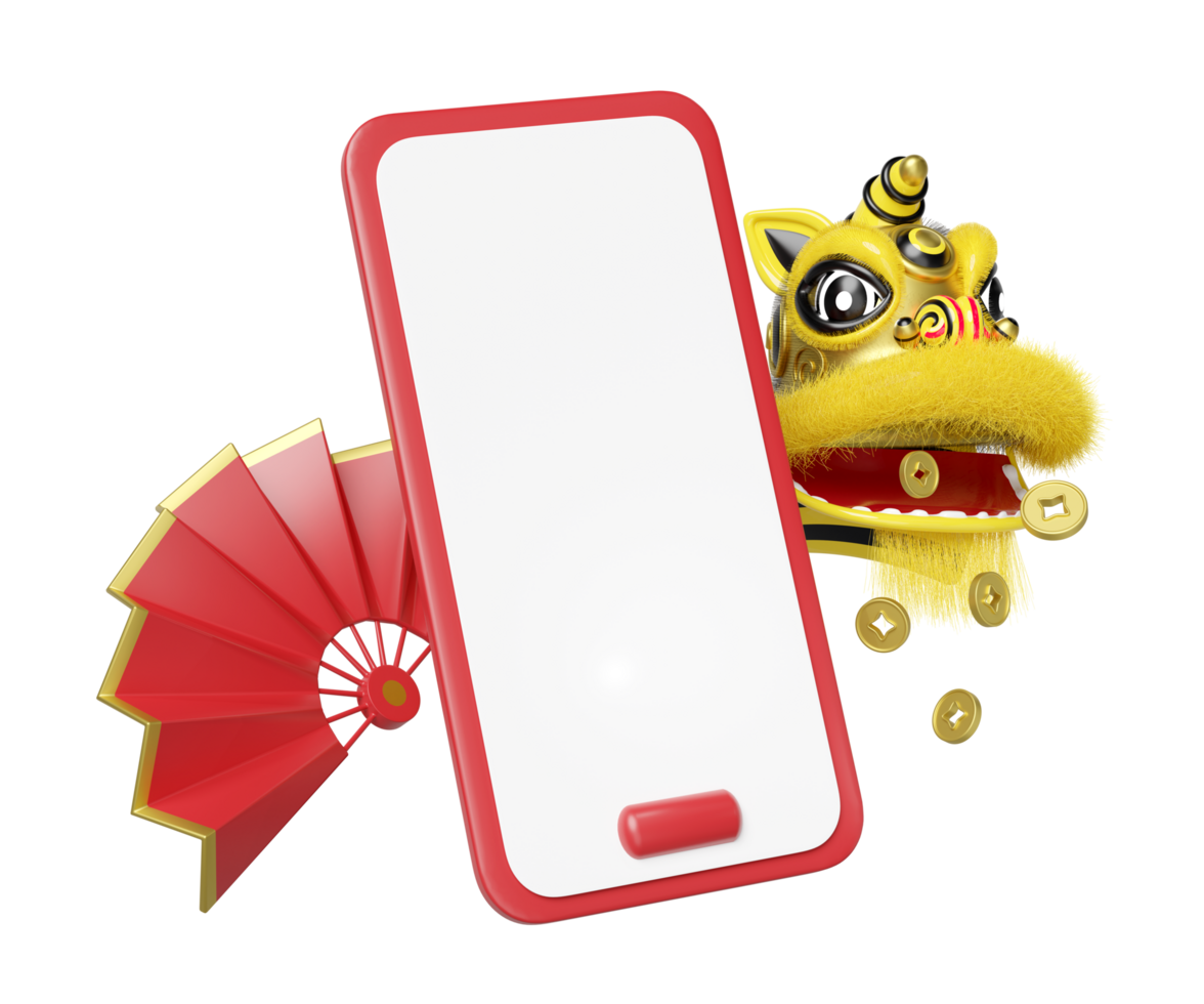 3d mobile phone, smartphone with yellow lion dance head, chinese coin, fan for festive chinese new year holiday. 3d render illustration png