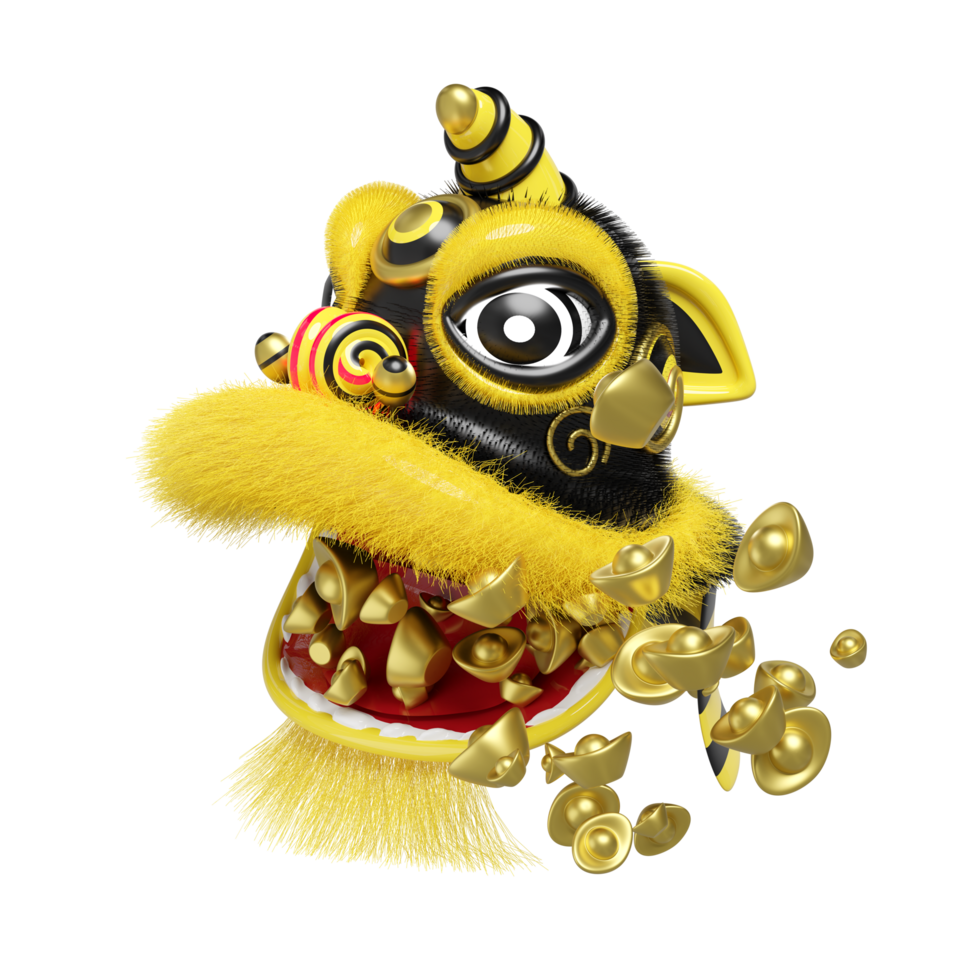 3d amarelo leão dança cabeça com chinês ouro lingote para festivo chinês Novo ano feriado. 3d render ilustração png