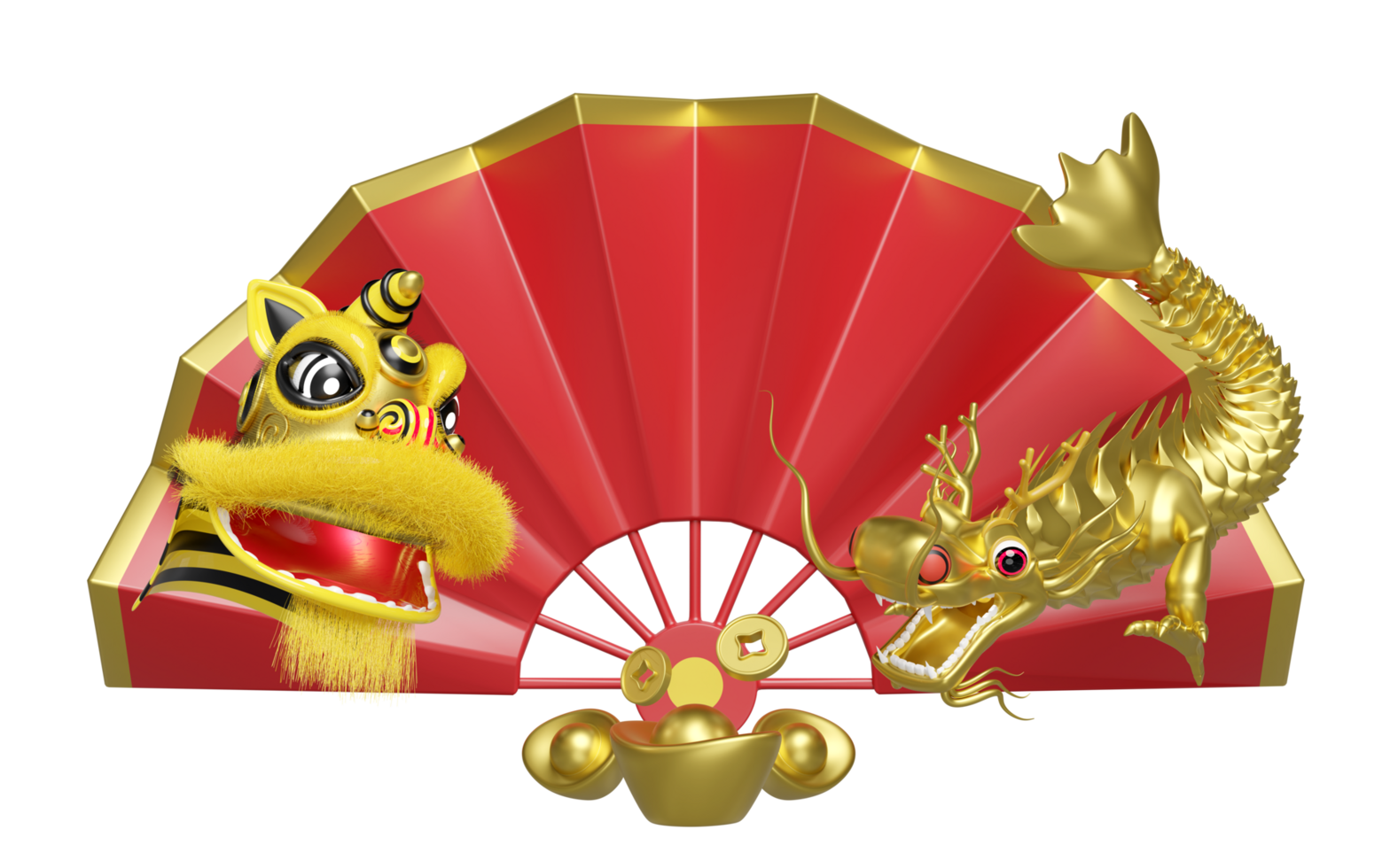 3d fan with lion dance head, dragon, chinese gold ingot, coin for festive chinese new year holiday. 3d render illustration png