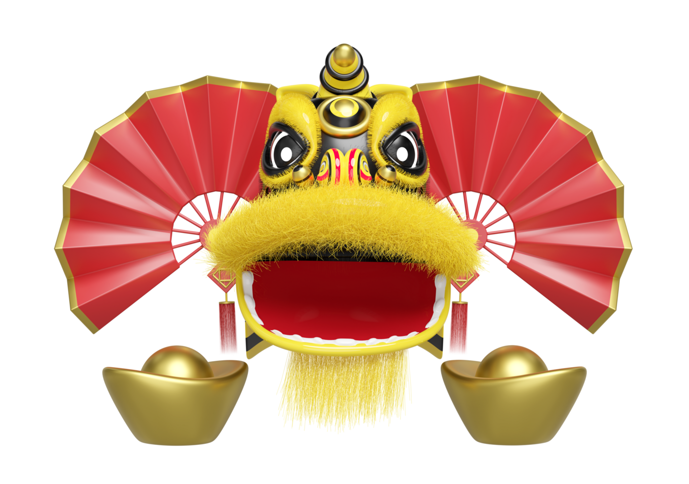 3d yellow lion dance head with fan, chinese gold ingot for festive chinese new year holiday. 3d render illustration png