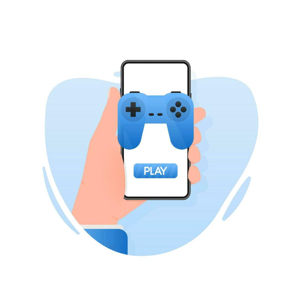 Games people in flat style. Cartoon video game. Vector illustration. Hand holding mobile phone