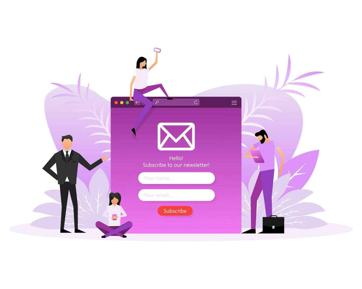 web página con personas en plano estilo en un blanco antecedentes. suscribir a nuestra Boletin informativo. vector ilustración