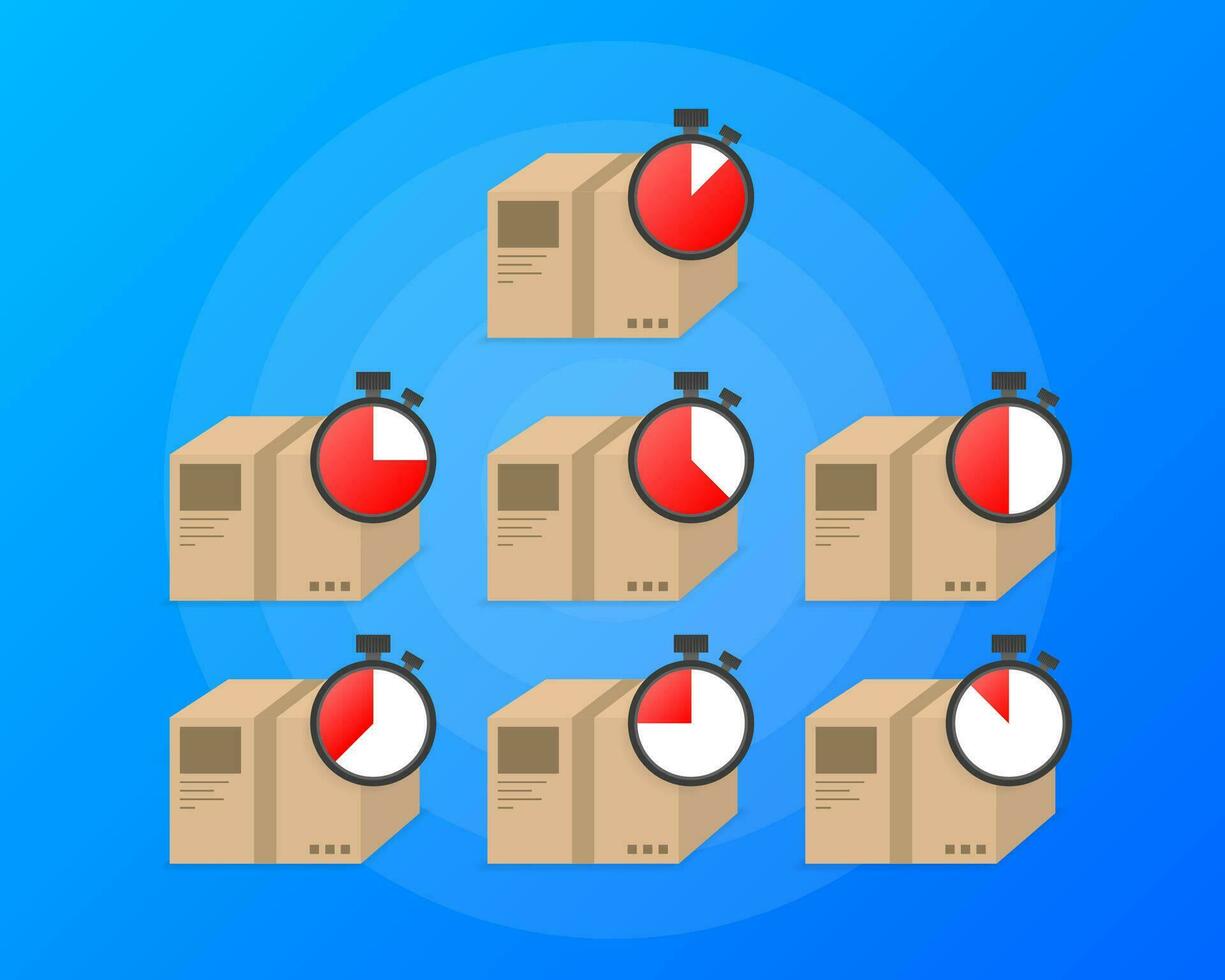 Express delivery service logo. Fast time delivery parcel with stopwatch on blue background. Vector illustration.