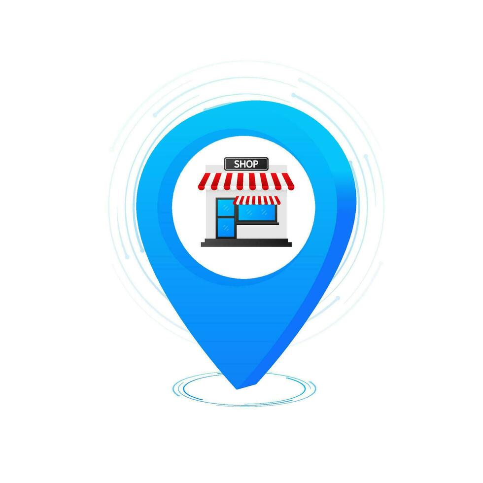 Flat banner with shop pin location. Vector illustration. Travel sale vector banner design