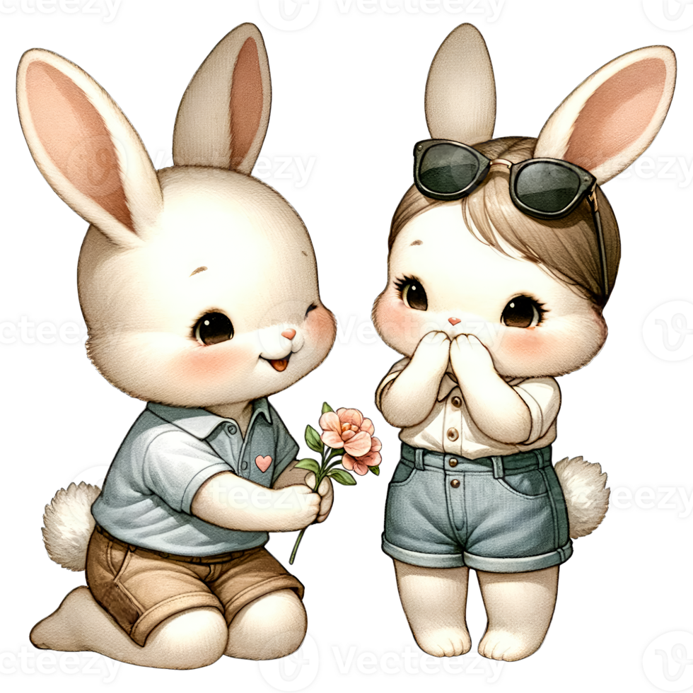 AI generated Watercolor Cute Lovely Couple Bunny Clipart AI Generatuve png