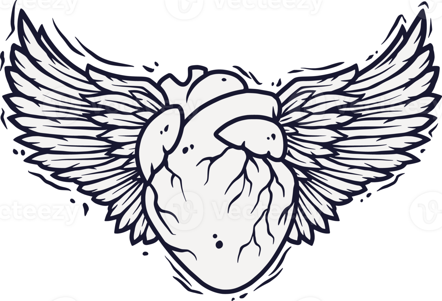 Human heart and Pair of bird wings with feathers tattoo. Outline vector illustration png