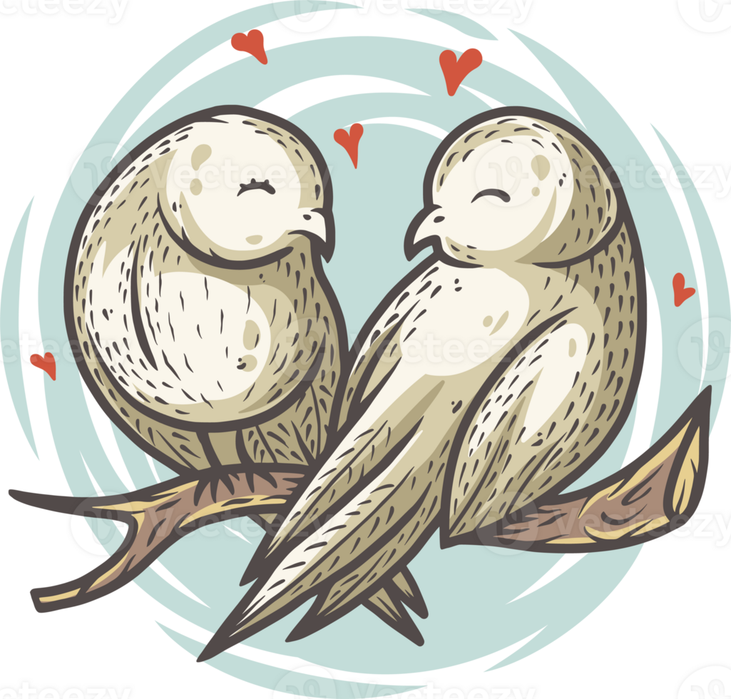 Lovers bird on branch for the Valentines Day love cards. Colored vector illustration png