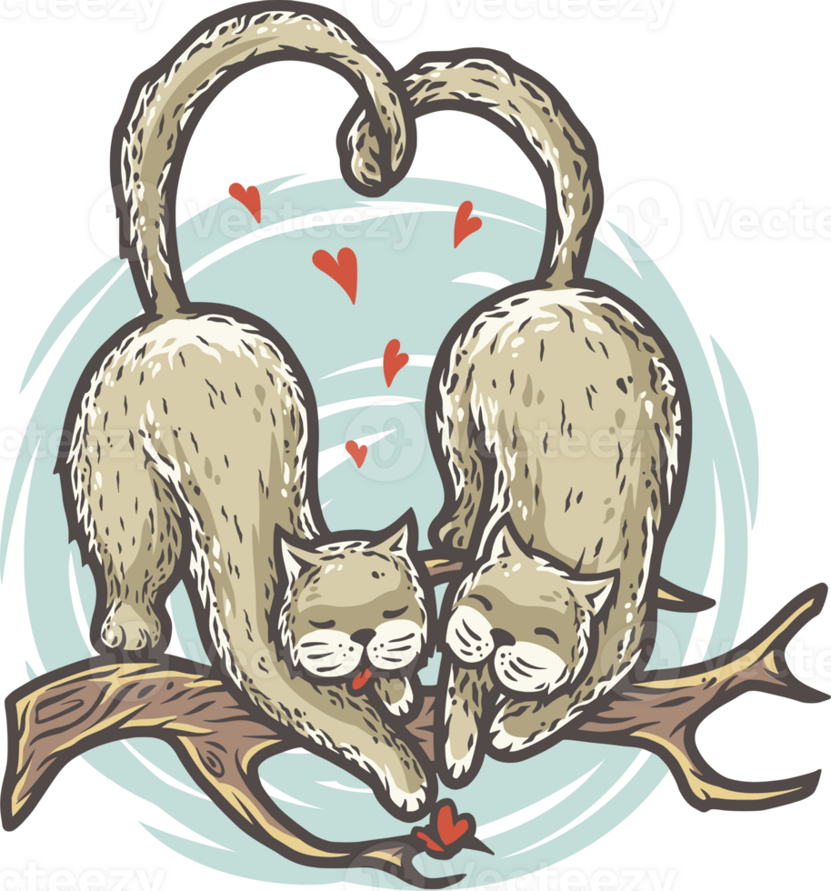 Lovers cute cats on branch for the Valentines Day love cards. Colored vector illustration png