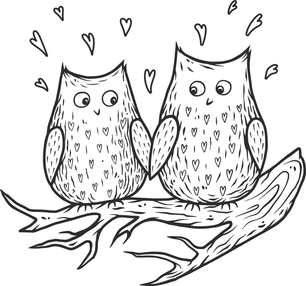 Lovers owl on branch with hearts for the Valentines Day cards. Outline vector illustration t-shirt print png