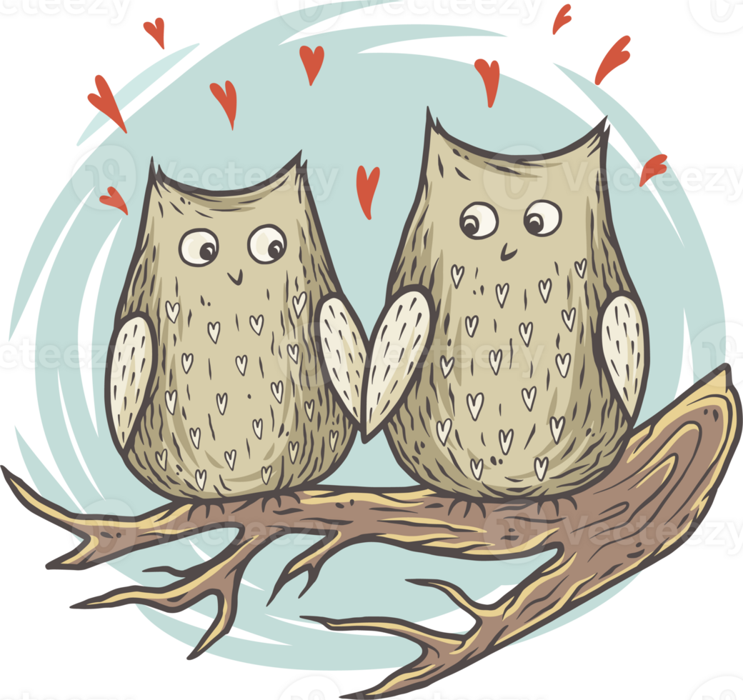 Lovers owl on branch with hearts for the Valentines Day cards. Colored vector illustration t-shirt print png