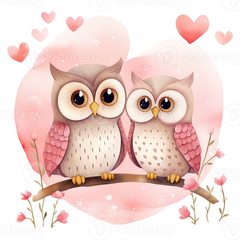 ai generato kawaii amore gufo coppia, San Valentino acquerello clipart png