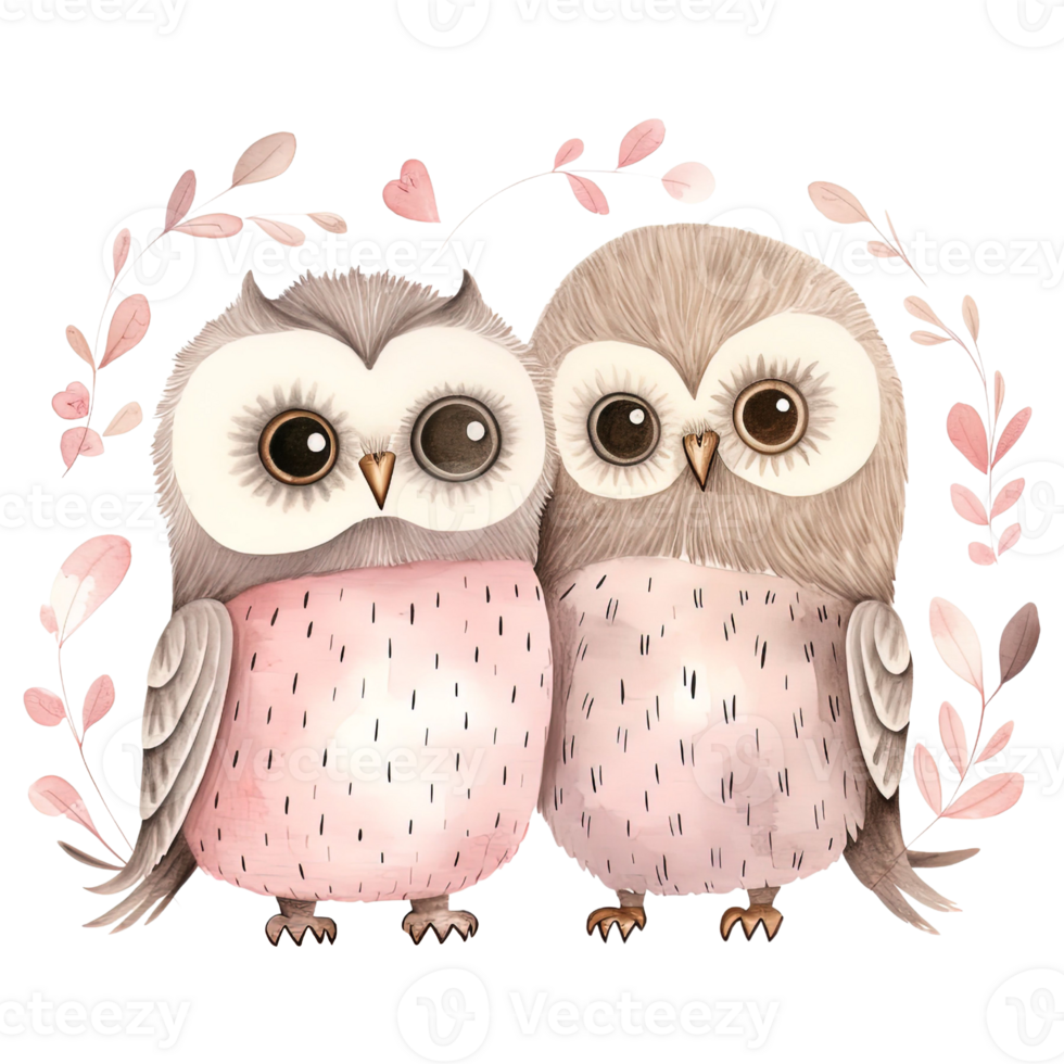 AI generated Kawaii Love Owl Couple, Valentine Watercolor Clipart png