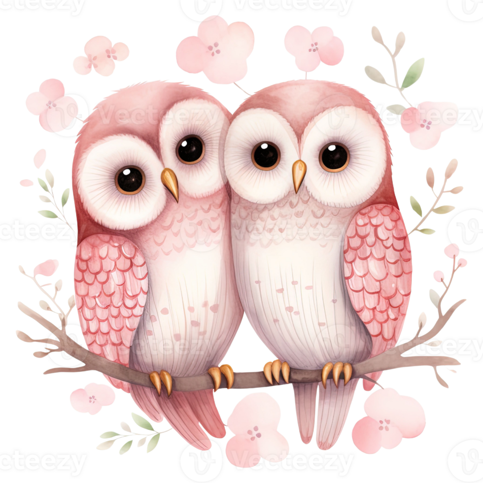 AI generated Kawaii Love Owl Couple, Valentine Watercolor Clipart png