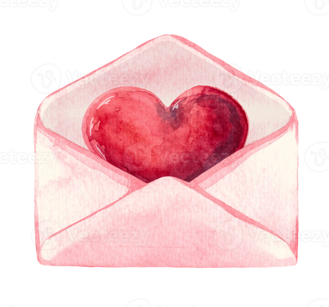 Opened postal envelope with red heart inside, symbol of romance. Hand Drawn watercolor on transparent background, elegant element for design, greeting cards, wedding invitations. Valentines day png