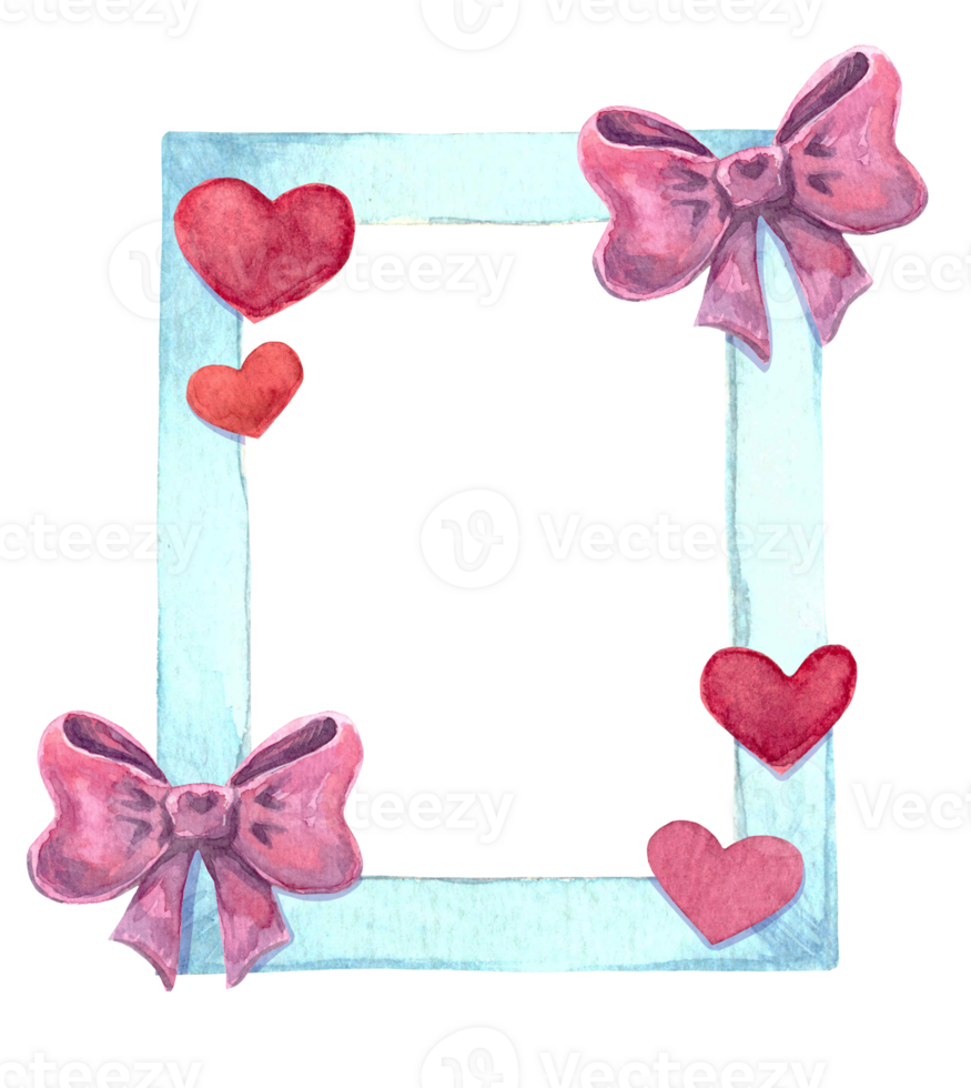 Watercolor frame decorated with purple bow and hearts. Hand drawn illustration isolated on transparent background png