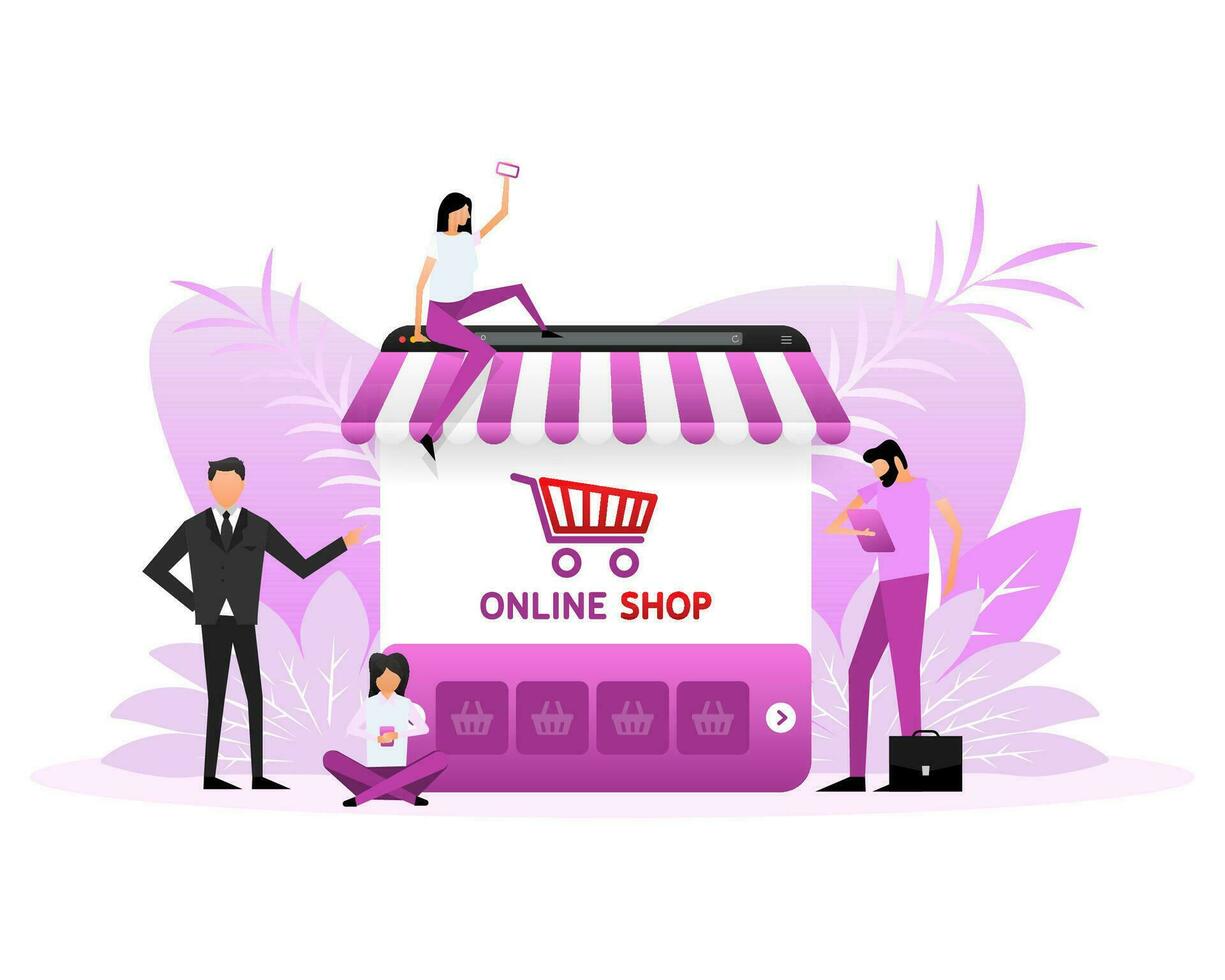 Laptop with and screen buy. Flat style characters. Concept online shopping vector