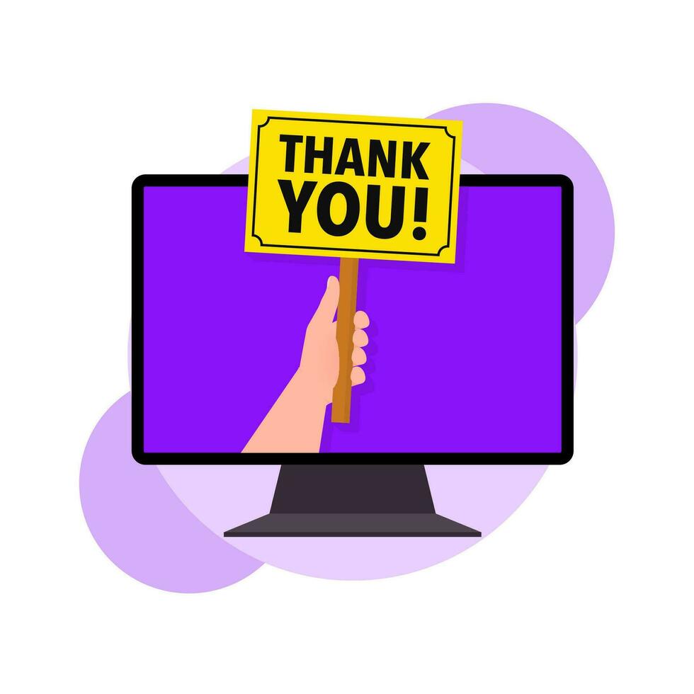 Thank you placard and hand, banner on computer screen, Label, Template. Vector Illustration.