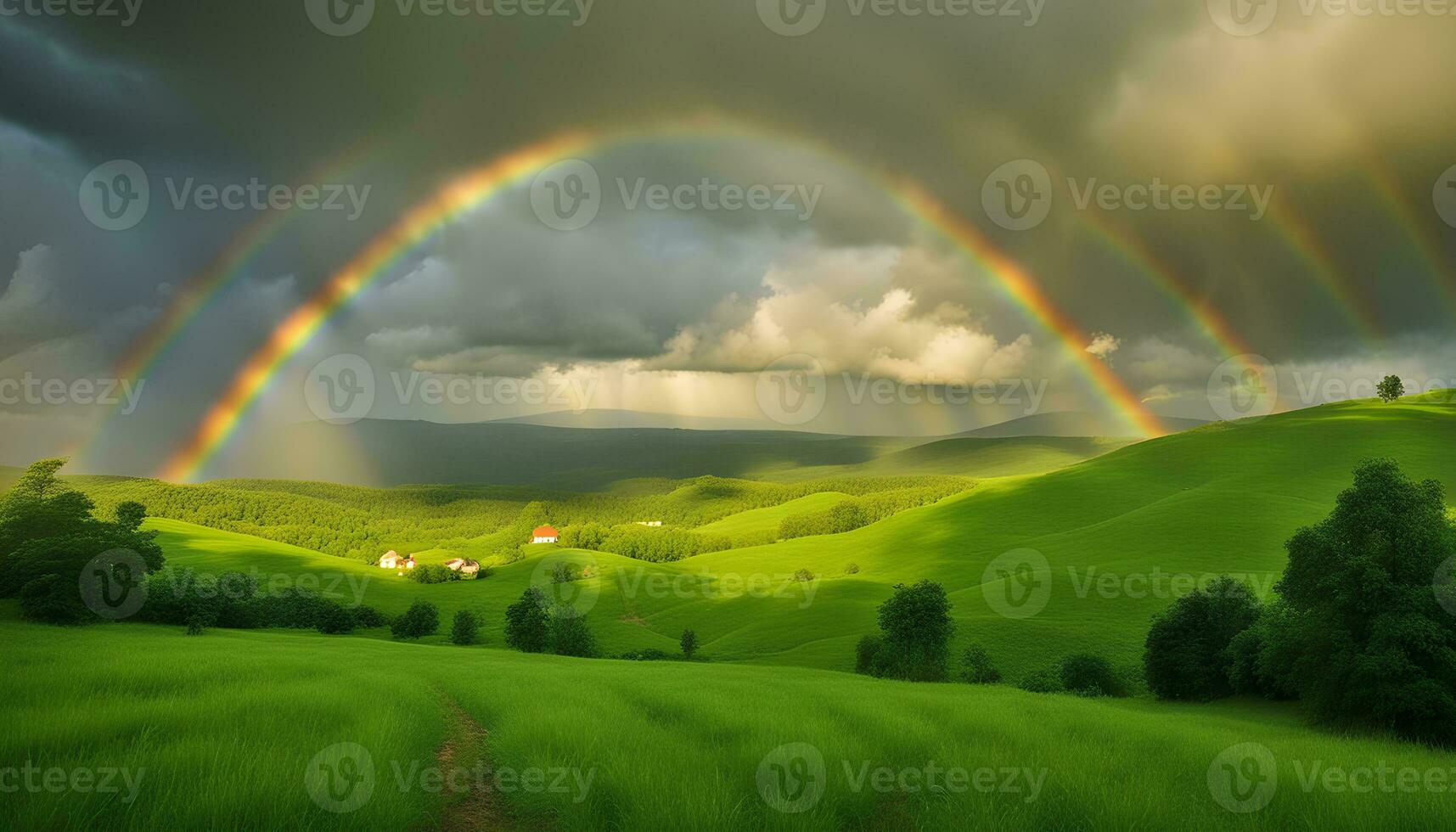 AI generated rainbow over green hills and fields photo