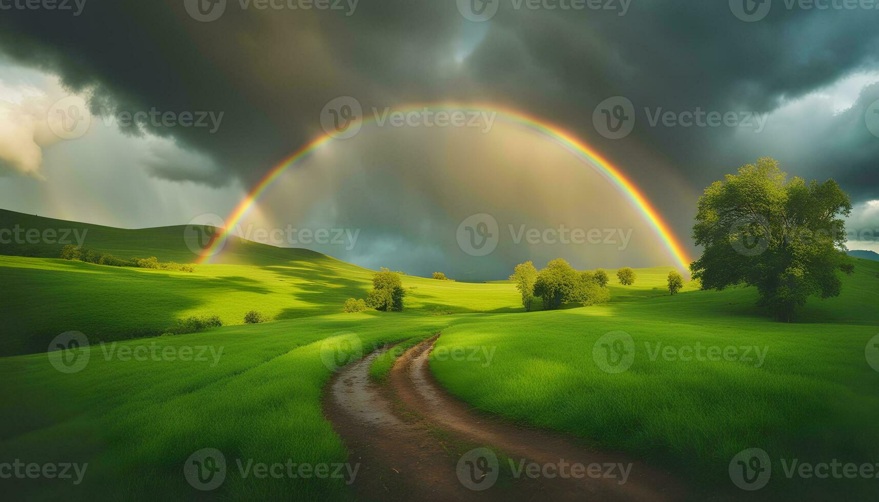 AI generated rainbow over green field with dirt road photo