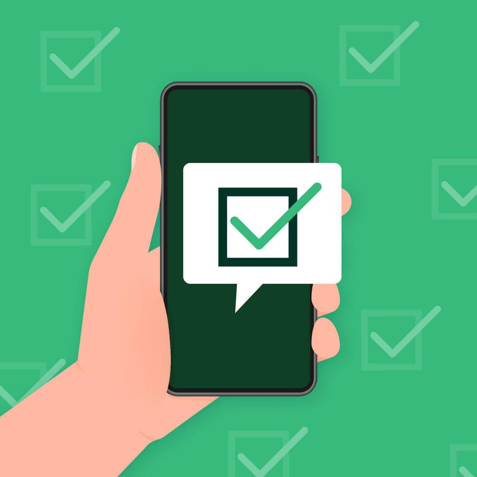 Hand holds phone with secure sign on screen on green background. Vector illustration.