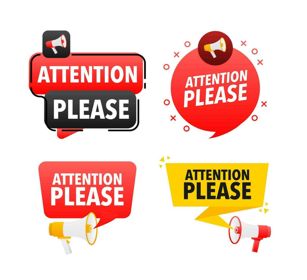 Megaphone label set with text attention please. Attention please announcement banner vector