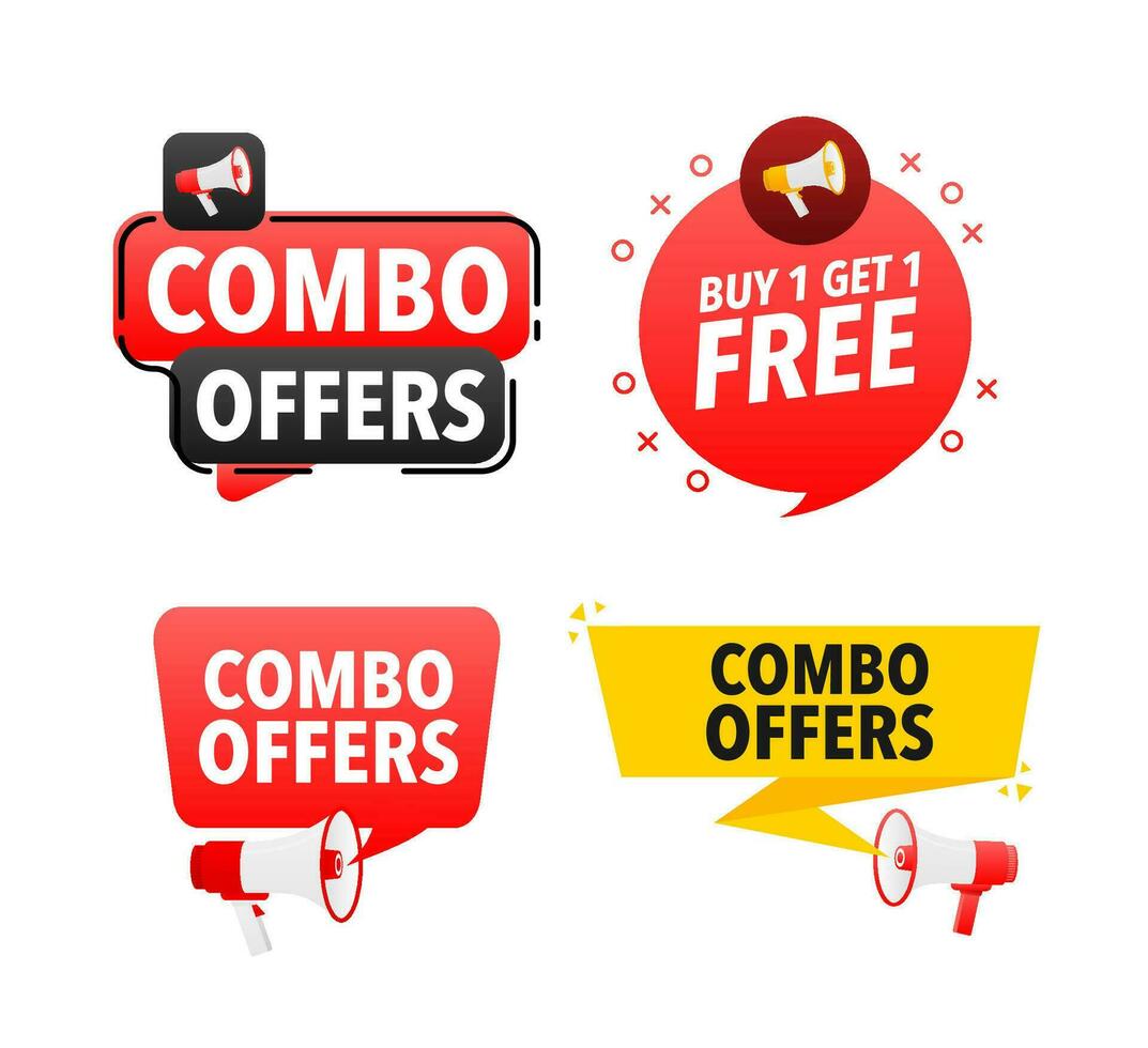 Megaphone label set with text Combo offers. Combo offers announcement banner vector
