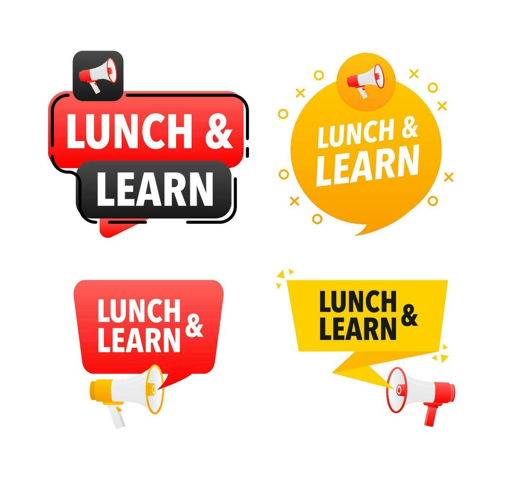 Megaphone label set with text lunch and learn. lunch and learn announcement banner vector