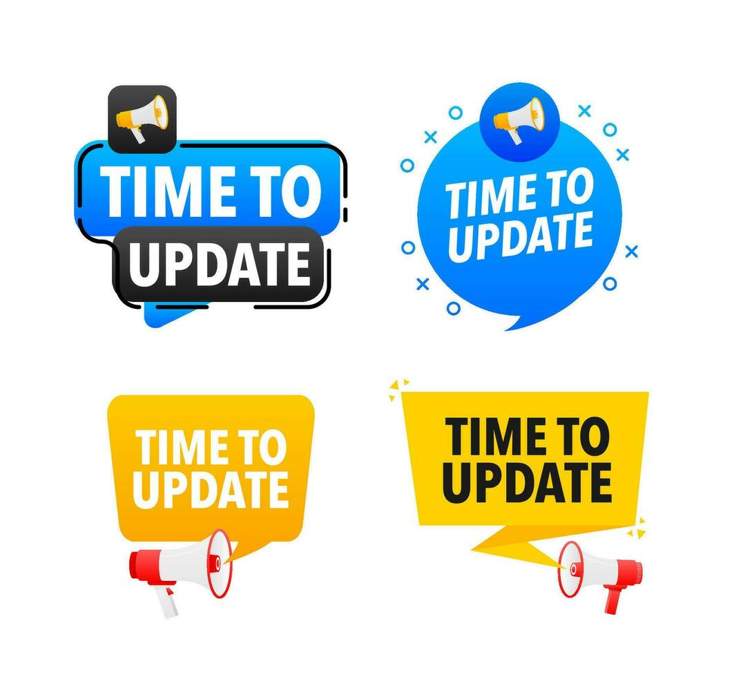 Megaphone label set with text time to update. Time to update announcement banner vector