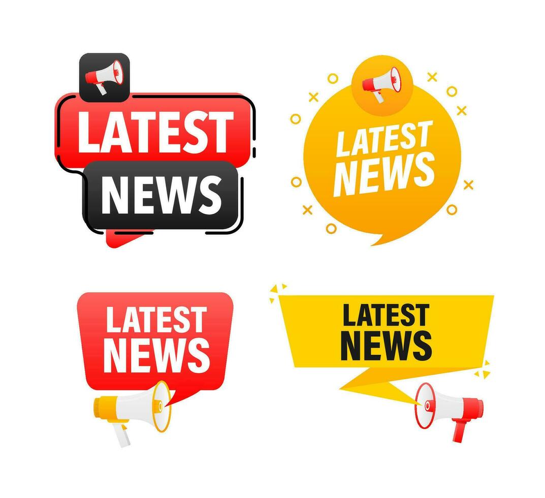 Megaphone label set with text Latest news. Latest news announcement banner vector