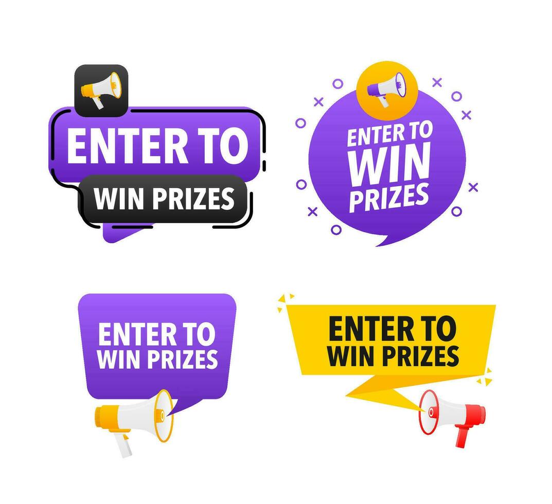 Megaphone label set with text Enter to win prizes. Enter to win prizes announcement banner vector
