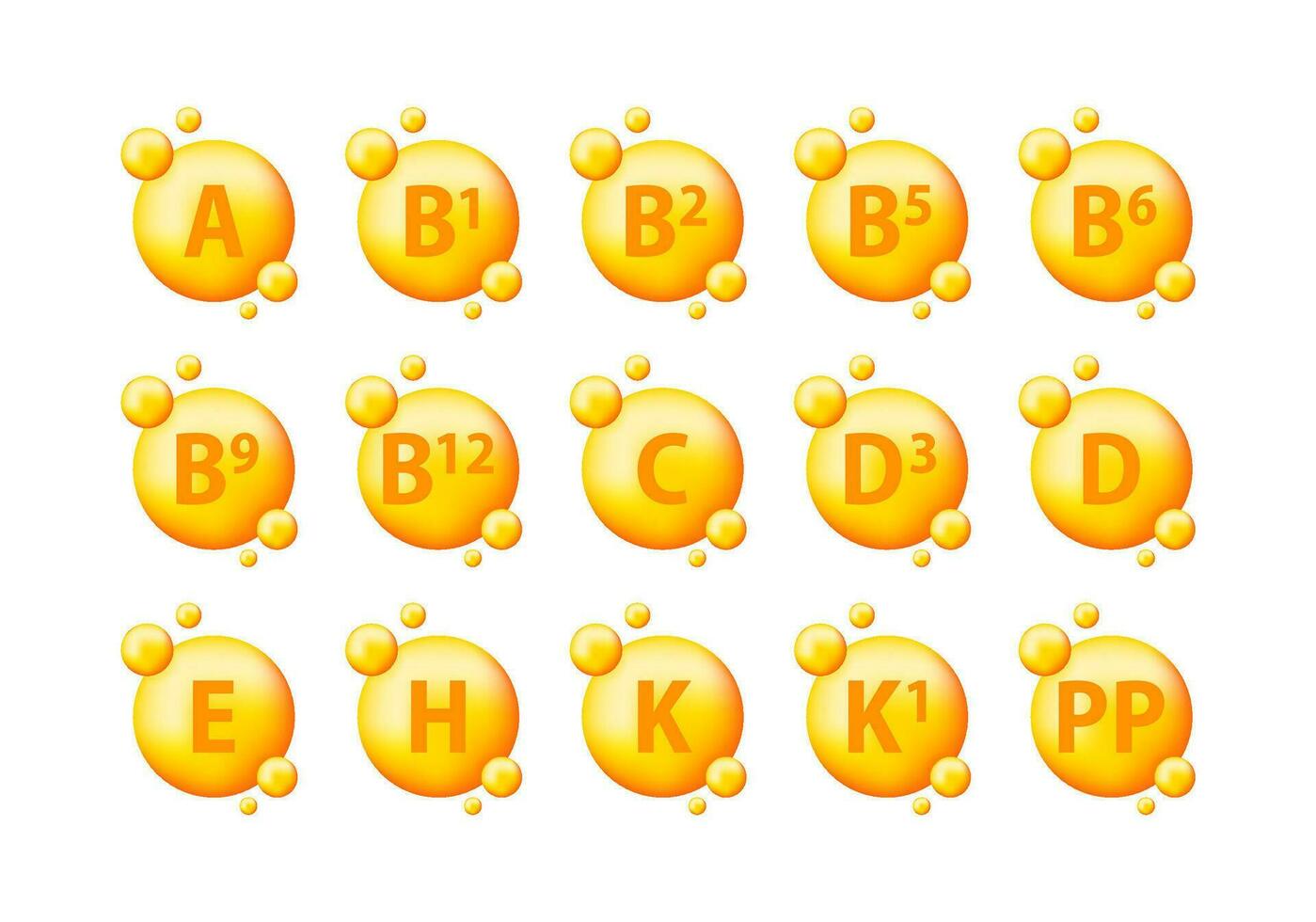 Multi Vitamin complex icons. Golden round capsules. Essential vitamin complex vector