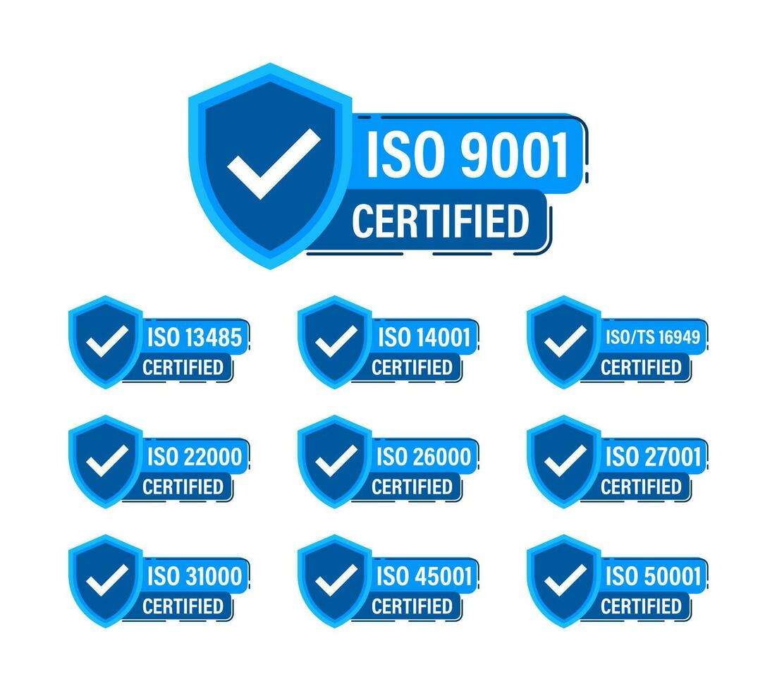 ISO certified set stamp and labels. Quality management system certified vector