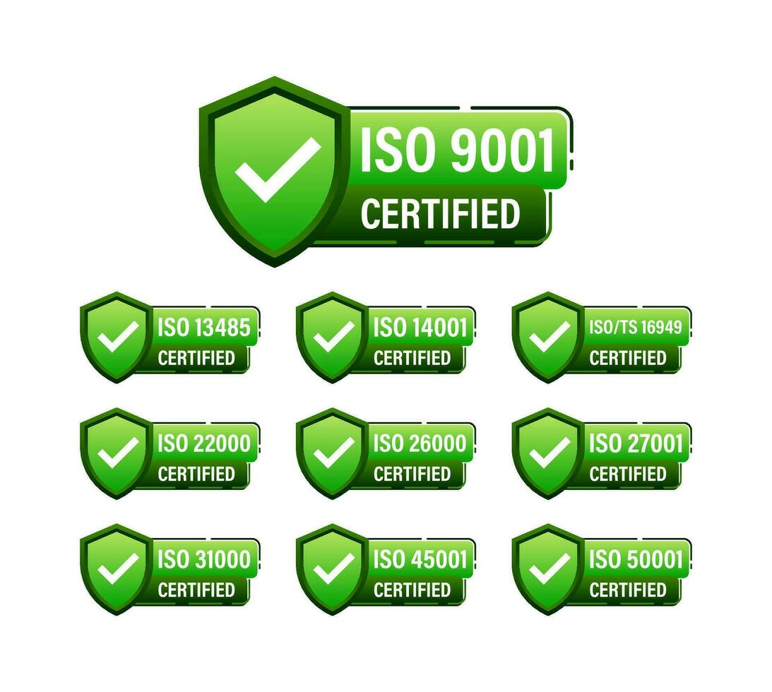 ISO certified set stamp and labels. Quality management system certified vector