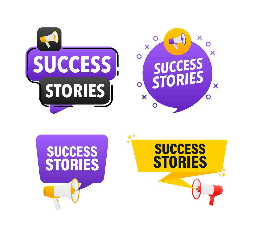 Megaphone label set with text success stories. Success stories announcement banner vector