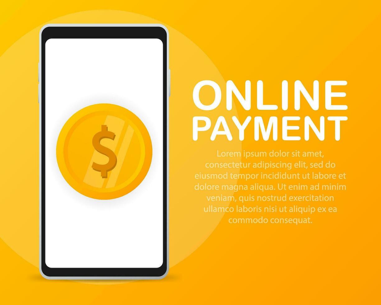 Mobile payment flat design style vector illustration, smartphone on the screen shows the coin